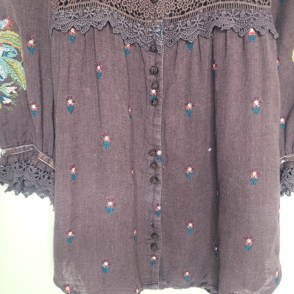 Sundance Brown Square Neck Lacy Embroidered Linen Blend Top Blouse Boho Small - Picture 4 of 8